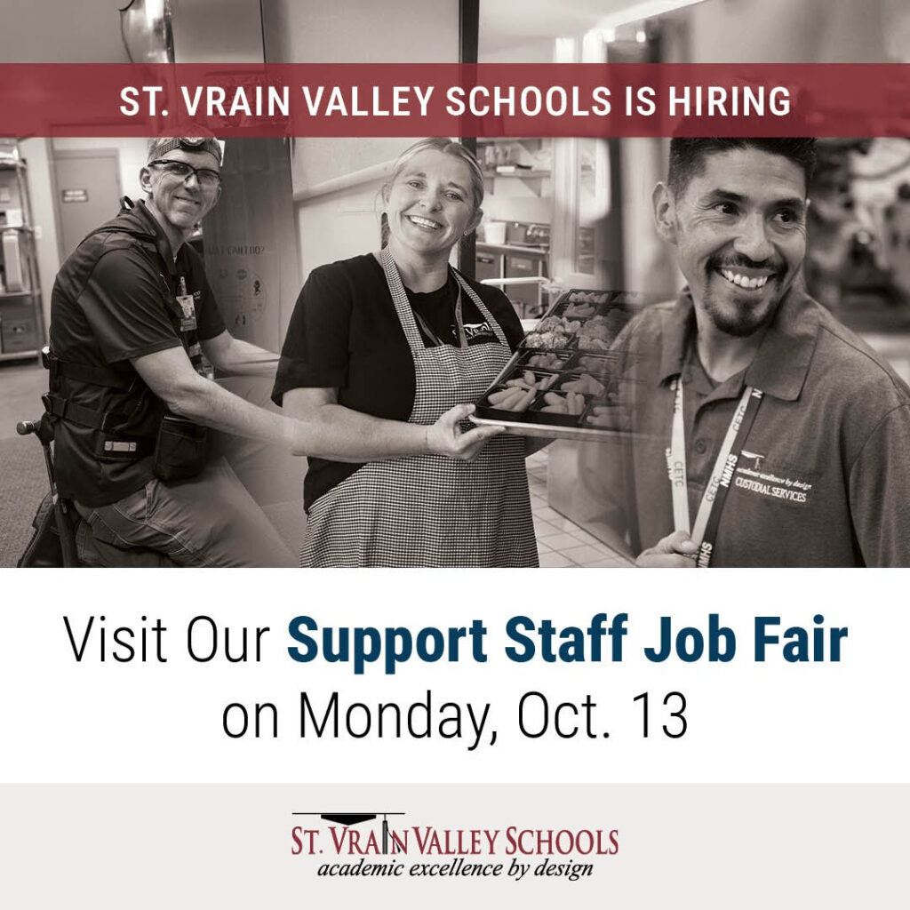 Image promoting a job fair for St. Vrain Valley Schools, featuring staff members and event details for October 13.