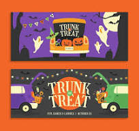Colorful graphic promoting a Trunk or Treat event with Halloween decorations, pumpkins, and playful ghosts.