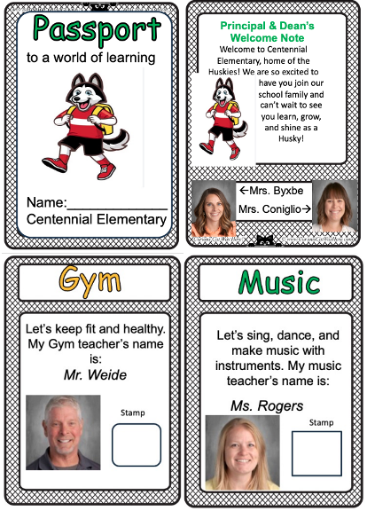 Image features a school passport with sections for Gym and Music, including teacher names and photos.