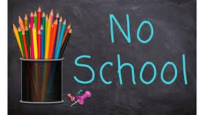 Colorful pencils in a cup next to the words "No School" on a chalkboard background.