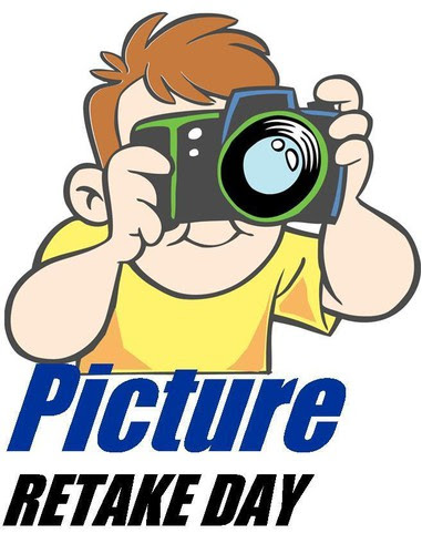 A cartoon boy with brown hair holds a camera, promoting "Picture Retake Day" in bold blue text.