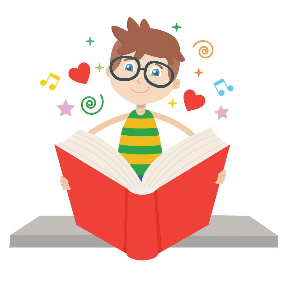 A smiling boy in glasses holds a large red book, surrounded by colorful hearts, stars, and musical notes.