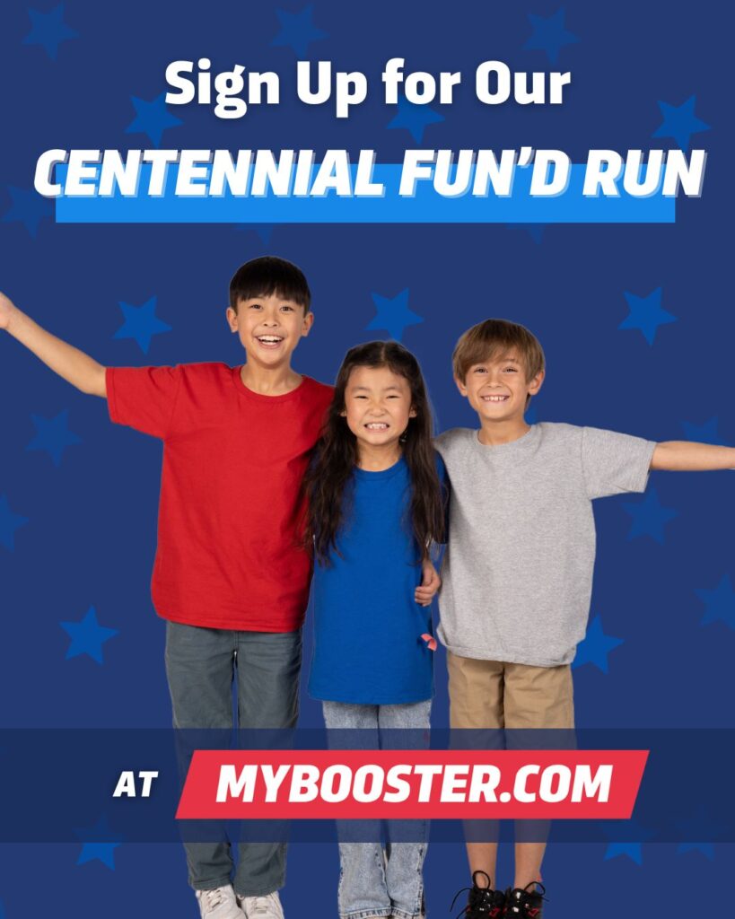 Three children smile and pose with arms outstretched, promoting a fun run event at mybooster.com.