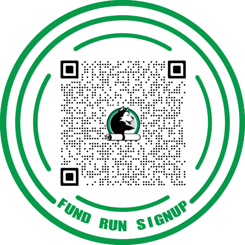 Circular QR code design with a central image of a horse and text "FUND RUN SIGNUP" around the border.