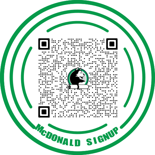 Circular graphic with a QR code at the center, labeled "McDonald Signup" around the border.