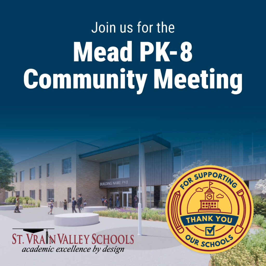 Announcement for Mead PK-8 Community Meeting with an image of the school building and supportive logo for schools.