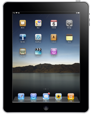 Image of an iPad displaying various app icons on a scenic background with mountains and water.