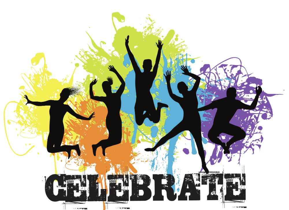 Silhouettes of people jumping in celebration, with colorful splashes and the word "CELEBRATE" prominently displayed.