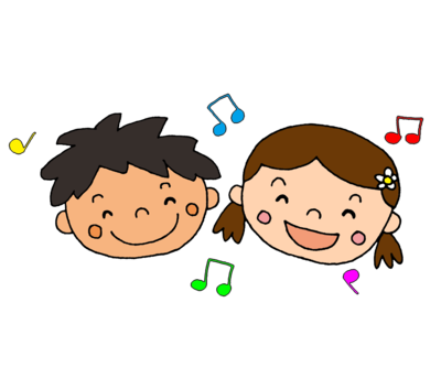 Two cheerful cartoon children smiling with music notes around them. The boy has short black hair; the girl has brown hair with a flower.