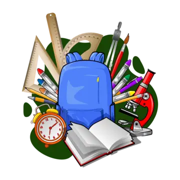 A blue backpack surrounded by school supplies, including pens, rulers, a clock, an open book, and a microscope.