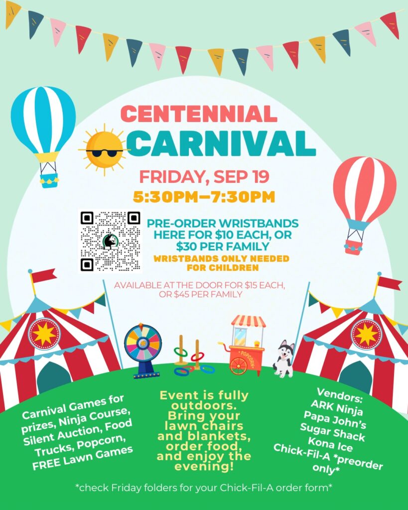 Colorful flyer for the Centennial Carnival on Sep 19, featuring games, food, and wristband pricing details.
