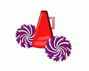 A red cheerleading megaphone with blue, red, and white pom-poms on either side.