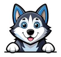 Cartoon illustration of a happy husky dog with blue eyes and a playful expression, peeking over a surface.