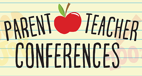 Text on a lined background reads "Parent Teacher Conferences" with a red apple graphic above the text.