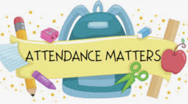 A teal backpack surrounded by school supplies and a banner reading "Attendance Matters."