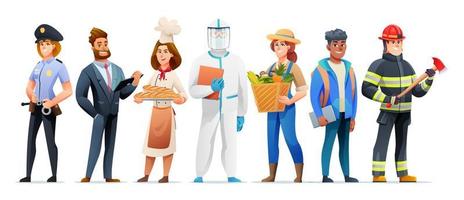 A diverse group of seven professionals: a police officer, businessman, chef, healthcare worker, farmer, office worker, and firefighter.