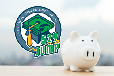 Logo of St. Vrain Valley Schools Education Foundation with a piggy bank, promoting the 529 Jump savings program.