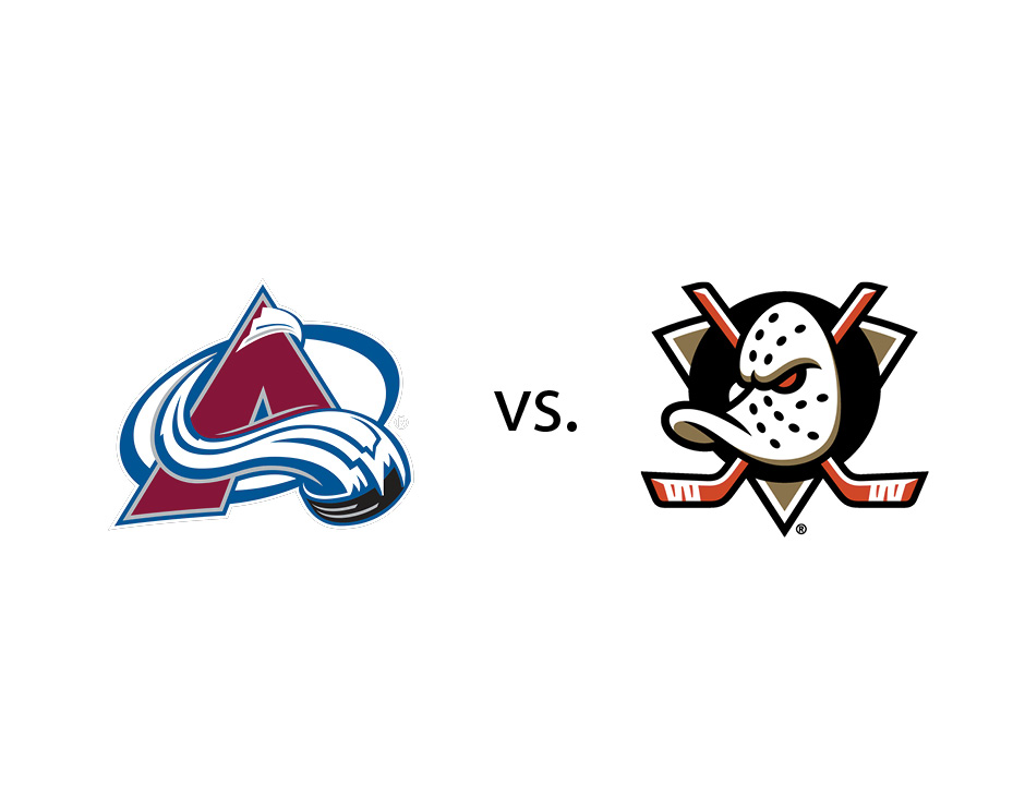 Logos of the Colorado Avalanche and Anaheim Ducks, separated by "vs." indicating a matchup.