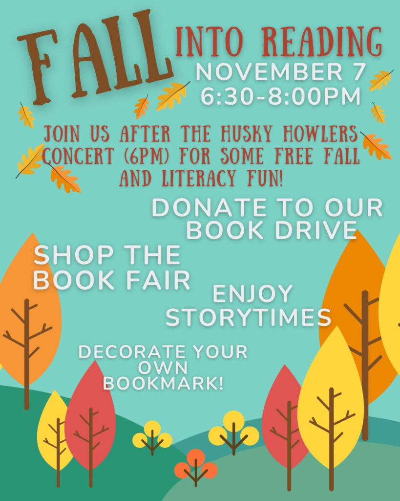 Colorful fall-themed poster for a reading event on November 7, featuring activities like a book fair and storytimes.