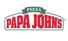 Logo of Papa John's Pizza featuring bold red and green text with a curved banner design.