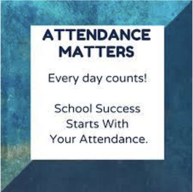 Text on a blue background emphasizes the importance of attendance for school success. Every day counts!