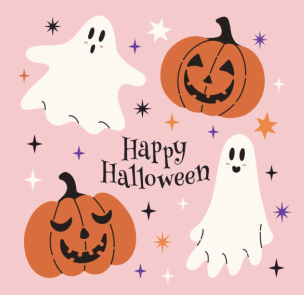 Colorful Halloween illustration with two friendly ghosts, two jack-o'-lanterns, and the text "Happy Halloween" on a pink background.