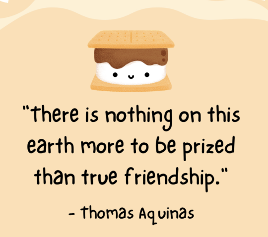 A cute s'more character above a quote about the value of true friendship by Thomas Aquinas.