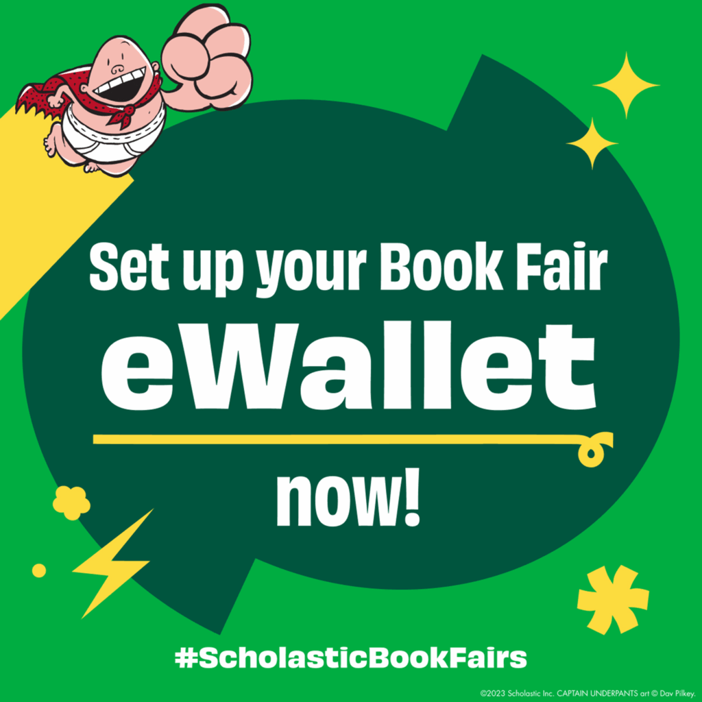 Colorful graphic promoting setting up an eWallet for the Book Fair, featuring a character in a superhero pose.