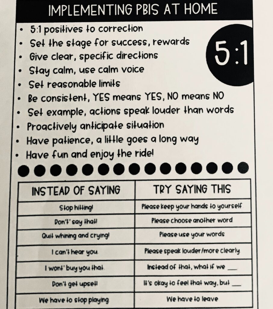 A guide on implementing PBIS at home, listing strategies and alternative phrases for effective communication.