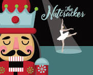 A colorful illustration of a nutcracker and a ballerina dancing under spotlight, with "The Nutcracker" title.