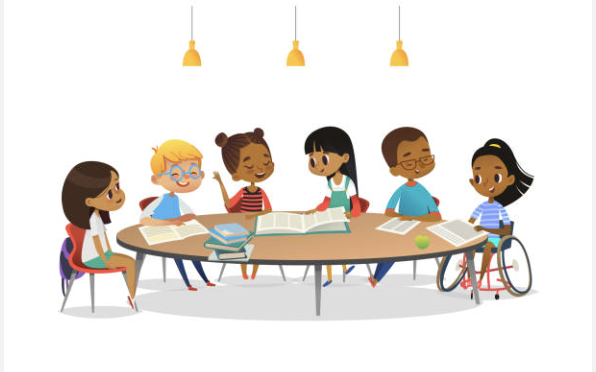 A diverse group of six children sits around a table, engaged in reading and discussion, with books and a green apple.
