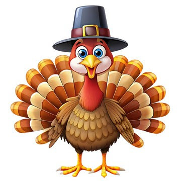 A cartoon turkey wearing a black pilgrim hat with colorful feathered tail, smiling cheerfully.