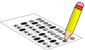 A pencil marks answers on a filled-out multiple-choice answer sheet with circles for options A, B, C, and D.