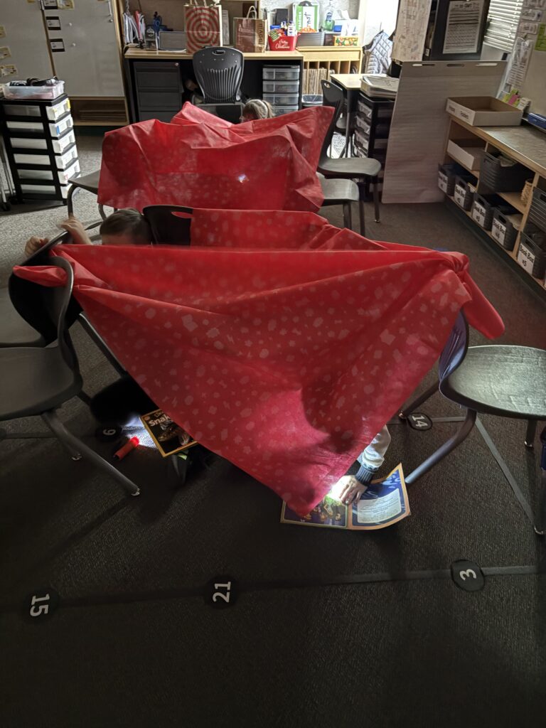 Two children are reading under a red blanket draped over chairs, with books and a flashlight visible.