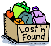 A cartoon box labeled "Lost 'n' Found" filled with various items, including bags, a ball, and an apple.