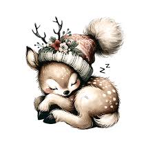 A cute, sleeping fawn wearing a knitted hat with flowers and antlers, curled up with a peaceful expression.