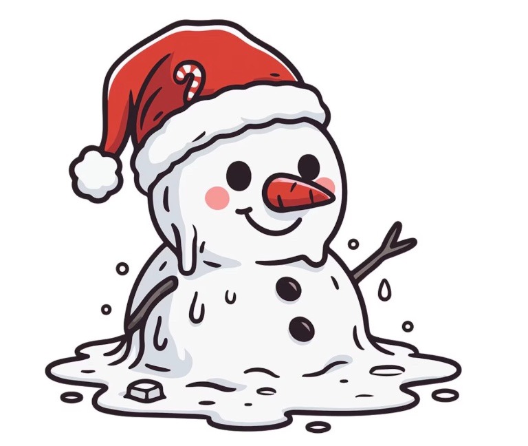 A melting snowman wearing a red Santa hat, with a carrot nose and black buttons, smiling cheerfully.