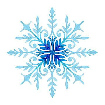 A symmetrical snowflake design in various shades of blue, featuring intricate, swirling patterns and pointed tips.