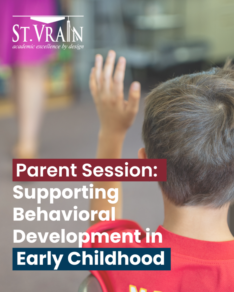 Child raising a hand in a classroom, with text about a parent session on early childhood behavioral development.