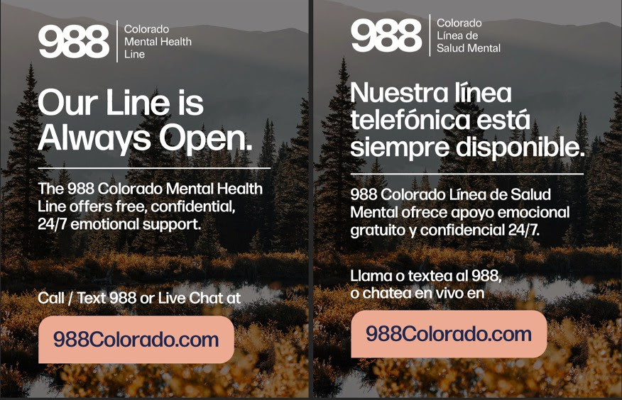 Image promoting the 988 Colorado Mental Health Line, offering free, confidential, 24/7 emotional support in English and Spanish.