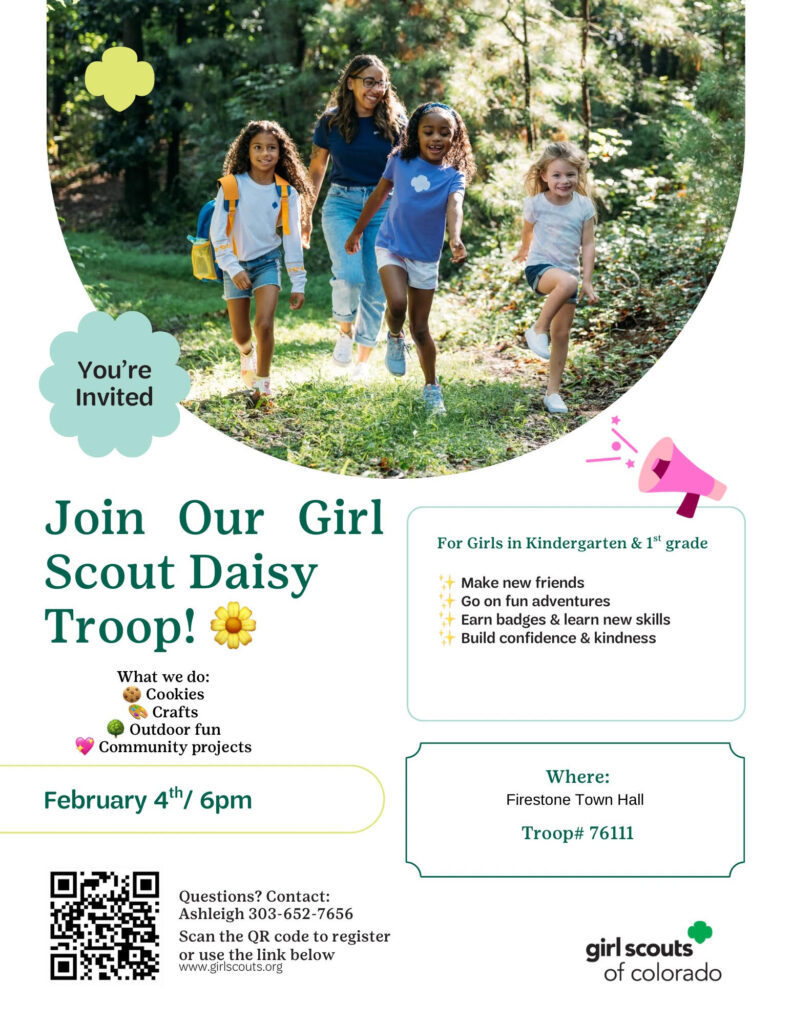 A group of girls and a woman walk on a grassy path in a forest, inviting others to join a Girl Scout Daisy Troop.