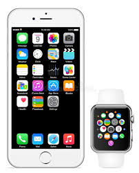 A white smartphone displaying various app icons next to a smartwatch with colorful app icons on its screen.