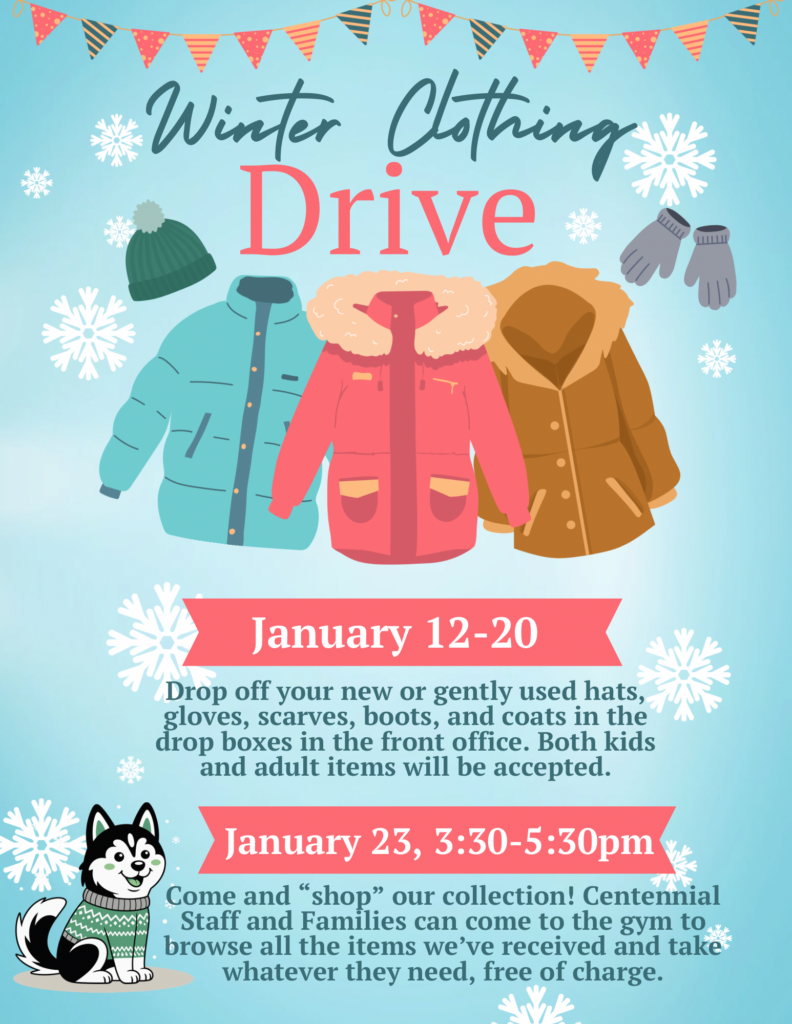 Graphic promoting a winter clothing drive with dates, donation details, and a friendly husky illustration.