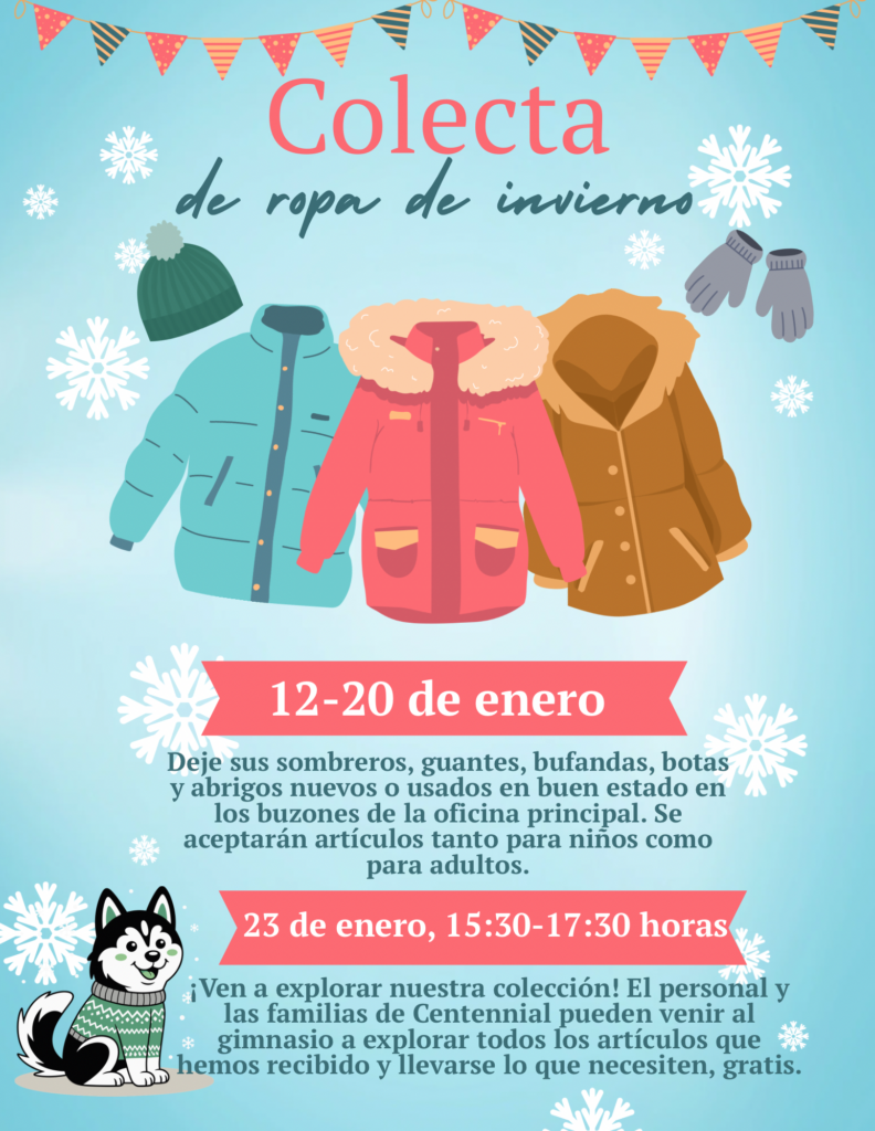 Winter clothing drive announcement with dates, donation details, and event invitation, featuring illustrated winter attire.