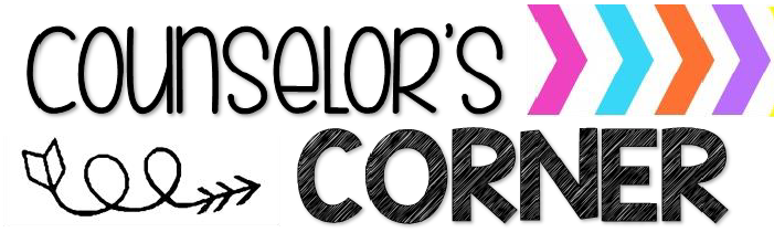 Text graphic featuring "Counselor's Corner" in playful fonts, with decorative arrows and a floral design element.