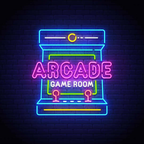 Neon sign featuring an arcade game cabinet with the text "ARCADE GAME ROOM" in bright colors against a dark background.