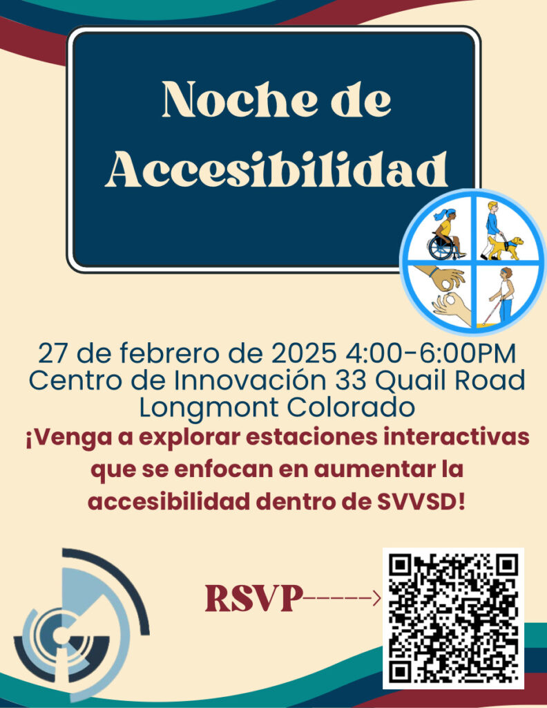 Event poster for "Noche de Accesibilidad" on Feb 27, 2025, showcasing interactive accessibility stations in Longmont, CO.
