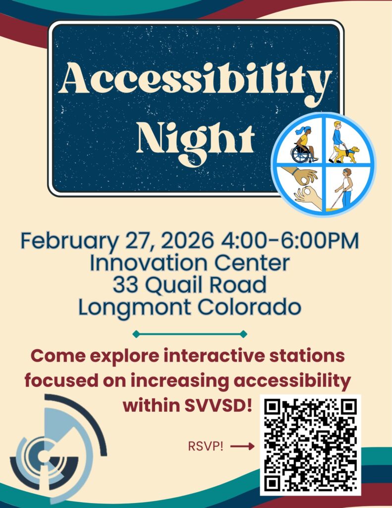 Event poster for Accessibility Night on February 27, 2026, at Innovation Center, Longmont, with RSVP details.