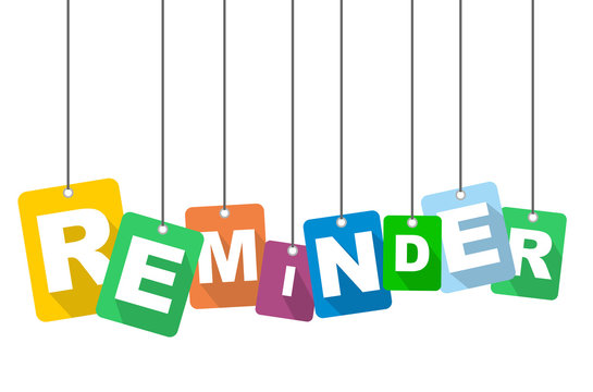 Colorful letters spelling "REMINDER" on hanging cards against a white background.