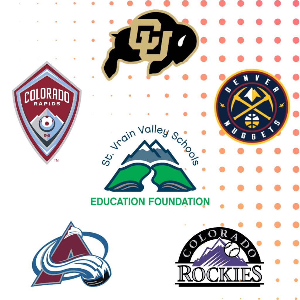 Logos of Colorado sports teams: Colorado Rapids, Denver Nuggets, Colorado Avalanche, Colorado Rockies, and St. Vrain Valley Schools.